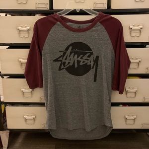 stussy maroon & gray baseball tee